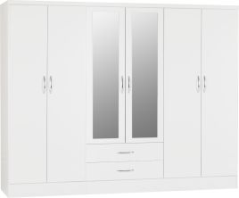 Wardrobe - NEWBIGGIN 6 Door Mirrored Wardrobe White Gloss 230cm