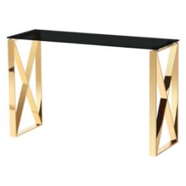 Modern Mishawaka Black Glass Top Console Table with Stylish Metal Frame in Gold
