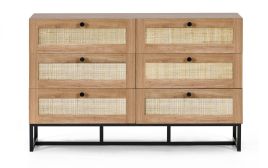 Oak Finish Rattan Chest of Drawers - PETERLEE Large Chest  6 Drawers  Double Chest