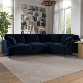 PAYTON Velvet 4 Seater L Shaped Dual Arm Corner Sofa - Navy Blue, Right Hand Facing