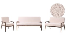 COLBOURNE Boucle Fabric 3 Seater 2 Seater and Armchair Sofa Set - Cream with Dark Oak