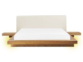 KEWI Bedframe with LED Faux Leather 160 x 200cm EU Kingsize Bed Natural Ash Wood