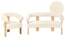 COBDEN Boucle Fabric 2 Seater Sofa and Armchair Sofa Set - Off White with Light Oak