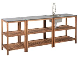 HORNWELL Wooden 3 Piece Outdoor Kitchen Set with Sink 80 cm - Brown with Silver