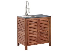 HORNWELL Wooden Outdoor Kitchen Cabinet with Sink - Brown with Silver