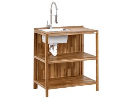 NEVOSA Outdoor Kitchen Island White Tap with Sink Acacia Wood Brown