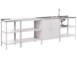 VLIAMA 4 Piece Outdoor Kitchen Set with Sink Metal Cabinet with 3 Open Shelf White