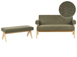 COALWORTH Boucle Fabric 2 Seater Sofa with Bench - Green with Light Oak