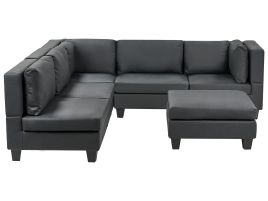 5 Seater Right Hand Modular Faux Leather Corner Sofa with Ottoman Black UNSTAD