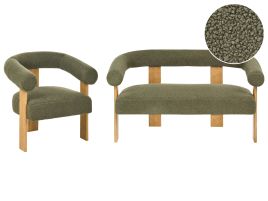 COBDEN Boucle Fabric 2 Seater Sofa and Armchair Sofa Set - Green with Light Oak