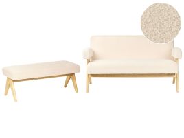 COALWORTH Boucle Fabric 2 Seater Sofa with Bench - Off White with Light Oak