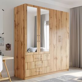 Wardrobe - LINCOLNSHIRE 4 Door Mirrored Wardrobe Oak Wotan 196cm
