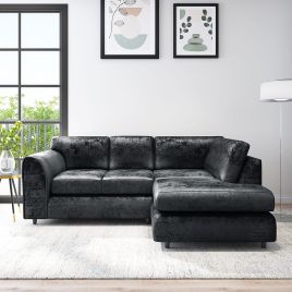 VELOURA Crush Velvet 4 Seater L Shaped Fullback Corner Sofa - Black, Right Hand Facing