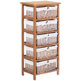 Wicker Basket Dresser, 5 Drawer Storage Shelf Unit with Wooden Frame for Home Organisation, Natural Finish