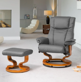 Armchair - MOBELUX Leather Swivel Recliner Chair with Stool Heated Massage - Grey