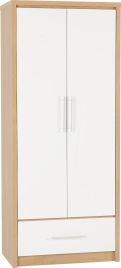 Wardrobe - SELSEY 2 Door 1 Drawer Wardrobe White High Gloss with Light Oak 76cm