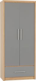 Wardrobe - SELSEY 2 Door 1 Drawer Wardrobe Grey High Gloss with Light Oak 76cm
