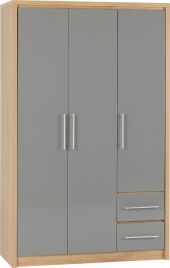 Wardrobe - SELSEY 3 Door Wardrobe Grey High Gloss with Light Oak 111cm