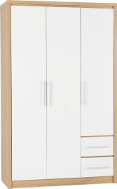 Wardrobe - SELSEY 3 Door Wardrobe White High Gloss with Light Oak 111cm