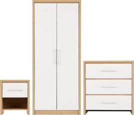 Wardrobe Set - SELSEY Bedroom Set White High Gloss Light Oak Effect Veneer 76cm