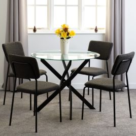 Sheldon Round Glass Top Dining Set - Clear Glass Black Grey Boucle Fabric