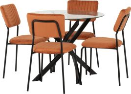 Sheldon Round Glass Top Dining Set - Clear Glass Black Burnt Orange Velvet Fabric