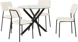 Sheldon Round Glass Top Dining Set - Clear Glass Black Ivory Boucle Fabric