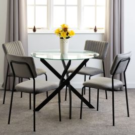 Sheldon Round Glass Top Dining Set - Clear Glass Black Grey Velvet Fabric
