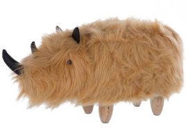 Animal Rhino Children Stool Sand Beige Faux Fur Upholstered Wooden Legs Nursery Footstool 