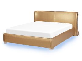 Waterbed Gold Leather Upholstered EU Double Size LED Lights Modern Glamorous Design Curved Headrest