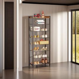 KESTRELLE Tall Vertical Shoe Rack with Metal Mesh Shelves - Rustic Brown and Black