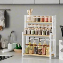 DREVONA Spice Rack 3-Tier Kitchen Countertop Storage Shelf for Herbs - Natural