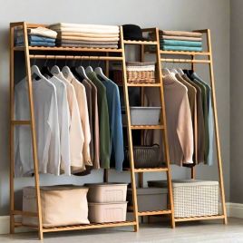 BRIVANE Garment Rack Bamboo Rack with 2 Hanging Rods and 5 Storage Shelves - Natural