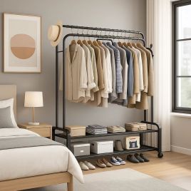 DREVONA Clothes Rack Heavy Duty Double Rail Garment Stand with Wheels - Black