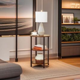 CALIVERN Side Table 3-Tier Round End Table Design - Rustic Brown and Black