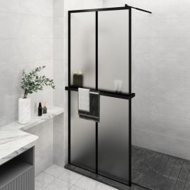 Walk-in Shower Wall with Shelf Black 90x195cm ESG Glass and Aluminium