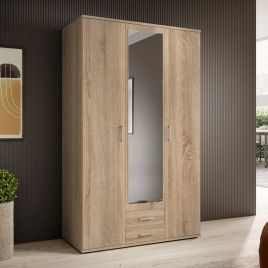 KEVIN 3 Door Mirrored Wardrobe with 2 Drawers Oak - 120cm