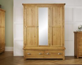 Birlea Woburn Solid Oak 3 Door 2 Drawer Mirrored Wardrobe