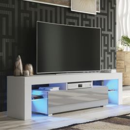 Modern TV Unit Cabinet Stand with Gloss Doors Free LED and Ample Storage 160cm - White and Grey