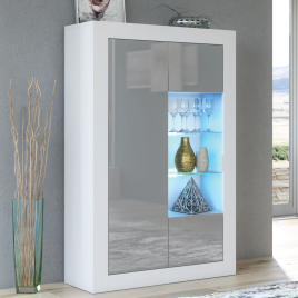 Modern Sideboard Cabinet with High Gloss Doors and Free LED 140cm - White and Grey