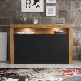TV Unit Sideboard Cabinet with 3 Doors Storage and Free LED Lighting 155cm - Oak and Black