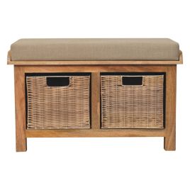 Living Room Bench - COPENHAGEN Rattan Basket Linen Bench Oak 82cm