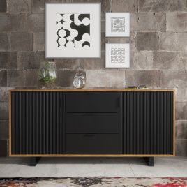 Modern Sideboard with Slatted Doors and Elegant Design 140cm - Oak and Black