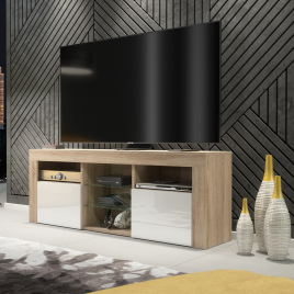 AMBA Modern TV Unit Stylish Storage Cabinet with Gloss Doors 145cm - Oak with White