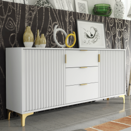 NOVIS Modern Sideboard Cabinet Elegant Fluted Doors And Gold Accents 140cm - White