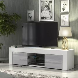 TUSSI Modern TV Unit Cabinet Stylish Matt Body And Gloss Doors 130cm - White with Grey