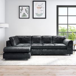 VELOURA Crush Velvet Large 5 Seater L Shaped Fullback Corner Sofa - Black, Left Hand Facing