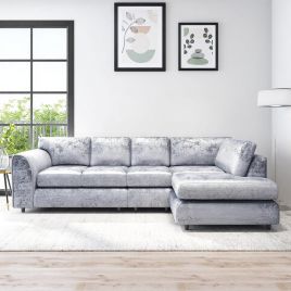 VELOURA Crush Velvet Large 5 Seater L Shaped Fullback Corner Sofa - Silver, Right Hand Facing