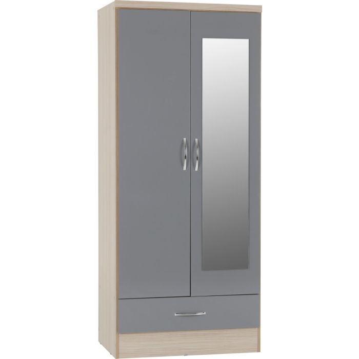 NEWBIGGIN 2 Door Mirrored Wardrobe with 1 Drawer Grey Gloss with Light Oak - 78cm