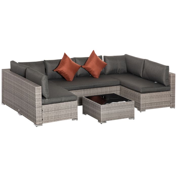 Garden Rattan Furniture 6-Seater PE Rattan Sofa Set, Outdoor All Weather Conservatory Furniture, w/ Tempered Glass Coffee Table, Deep Grey